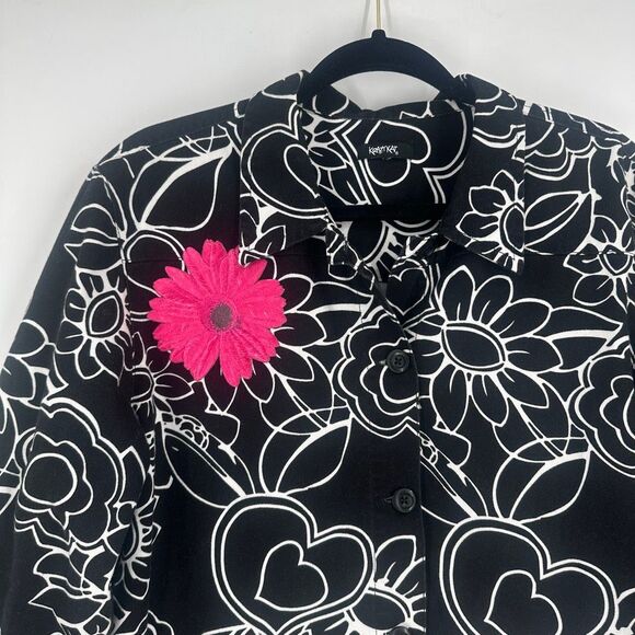 Krazy Kat Y2K Geometric Floral Appliqué Black/White Button Down Jacket Size L - Picture 4 of 9